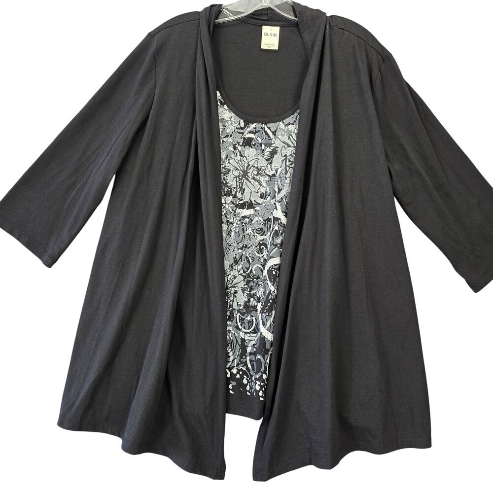 Blair Black Gray Layered Shirt Size L Floral Classic 3/4 Sleeve Scoop Neck Women